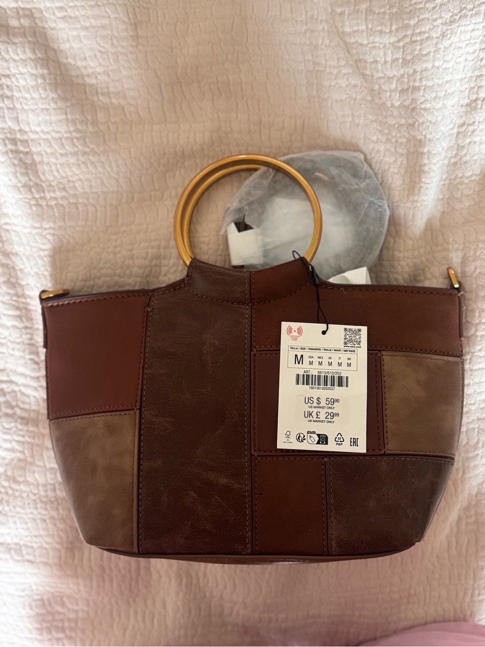 Zara Brown Patchwork Leather Crossbody with Gold Ring Handles - Picture 2 of 3